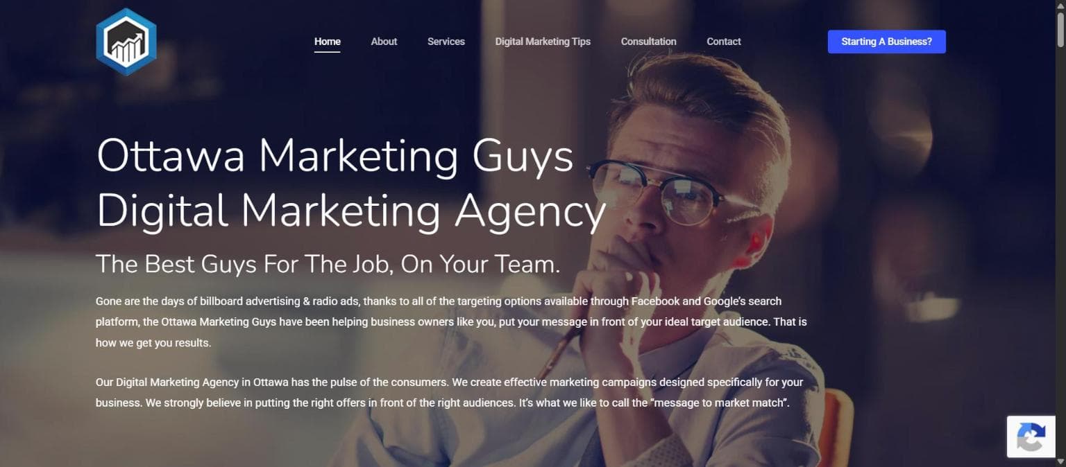 The old Ottawa Marketing Guys home page: a dark blue template hero headlined 'Ottawa Marketing Guys Digital Marketing Agency'.
