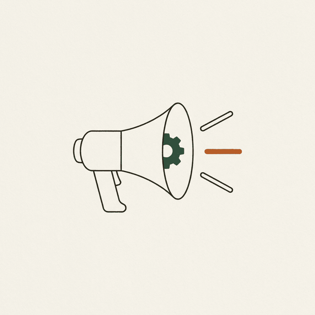 A megaphone with a small green gear inside its cone
