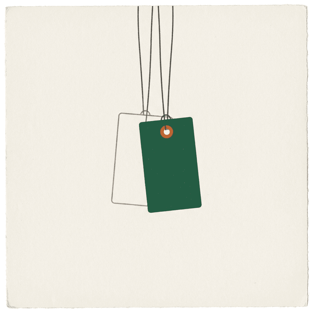 Two overlapping hanging name tags, the front one green