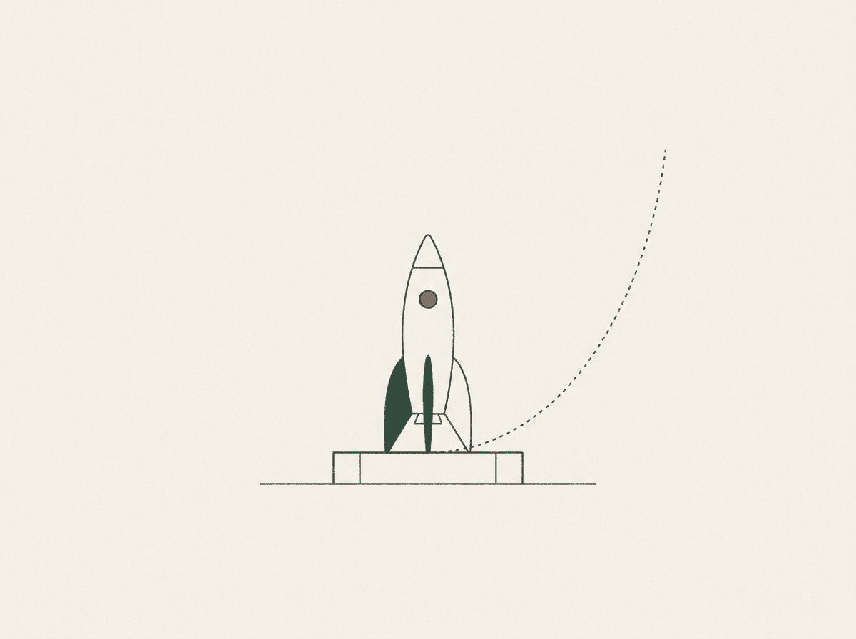 Minimal illustration of a small rocket on a launch pad with a dotted arc marking the planned ascent