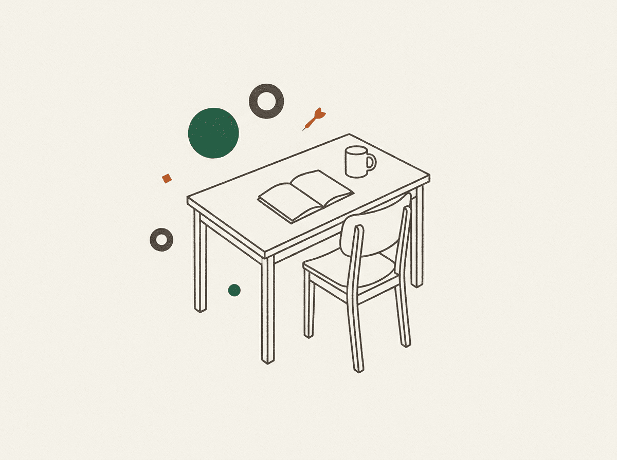 Minimal illustration of a single workspace with simple geometric shapes orbiting around it
