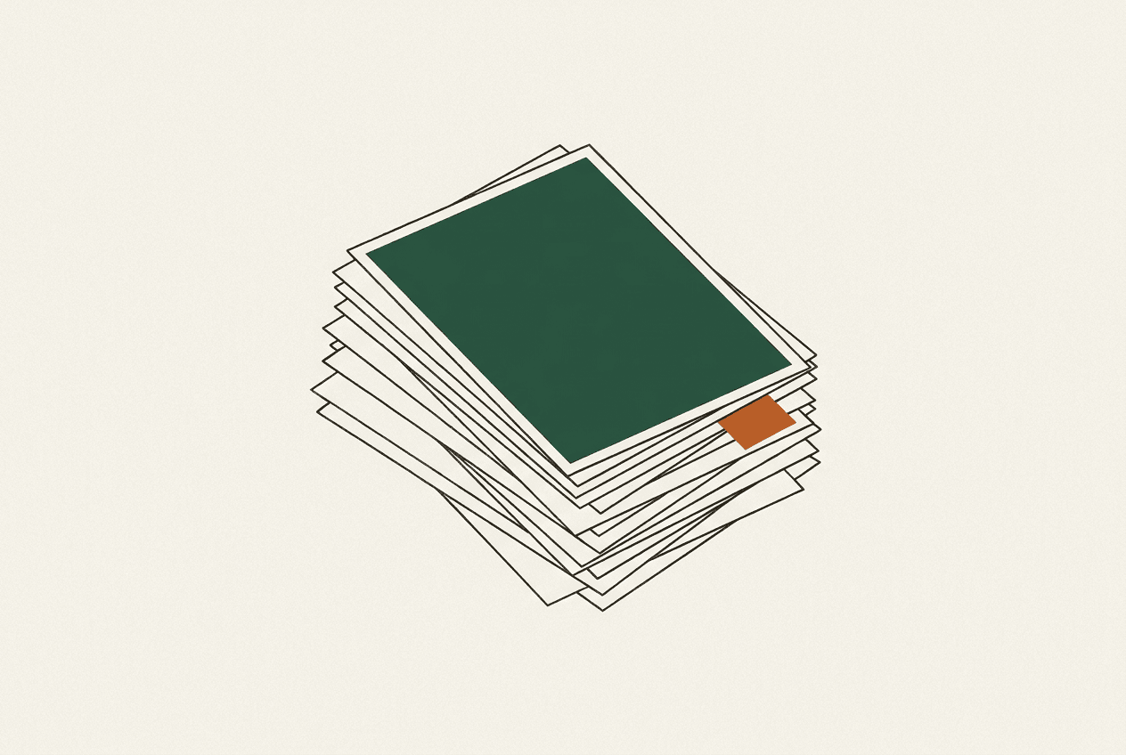 Minimal illustration of a fanned stack of paper sheets with one green sheet and an orange bookmark