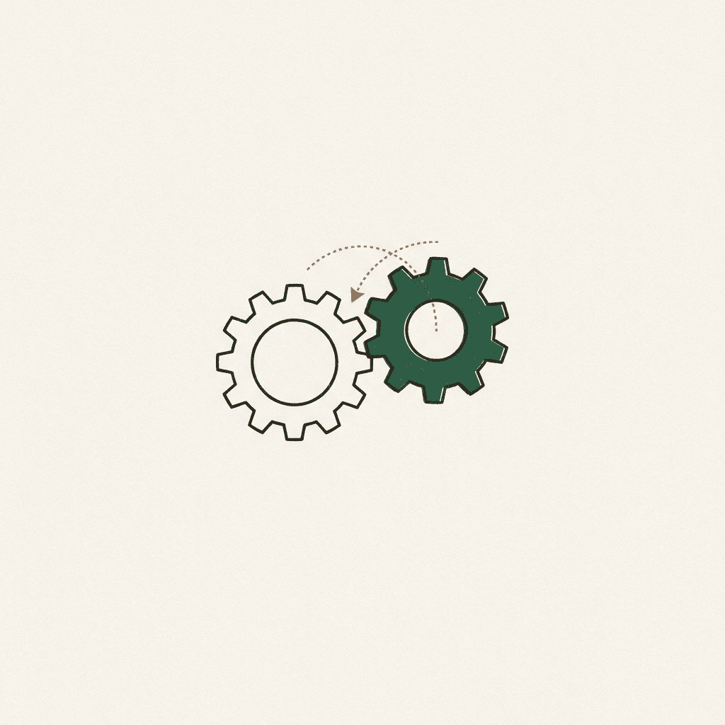 Illustration of two interlocking gears with a flow line